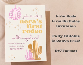 Editable First Birthday Invitation Template 5x7 - 'My First Rodeo' Theme with Chic Cactus & Disco Ball Design - Canva Ready