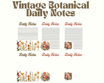 Vintage Botanical Daily Notes Pad Lined and Unlined Printable PDF, Full-Size & 4-Per-Sheet, Elegant Floral Memo Stationery, Instant Download