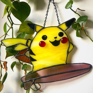 Stained Glass Surfing Pikachu Suncatcher | Handmade Pokemon-Inspired Window Decor
