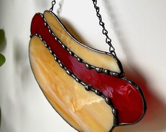 Atrapasueños de perrito caliente de vidrio teñido hecho a mano: arte de ventana retro kitsch