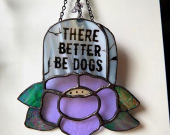 Atrapasol de vitral con forma de lápida de perro: cristales de amatista, decoración de brujas