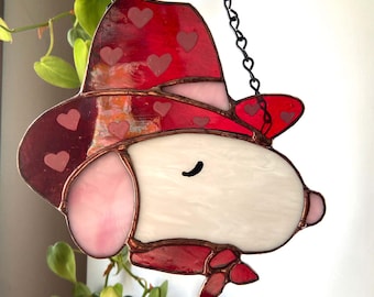 Atrapasol de vitral inspirado en Snoopy, un vaquero rojo de San Valentín / Decoración kitsch para ventanas