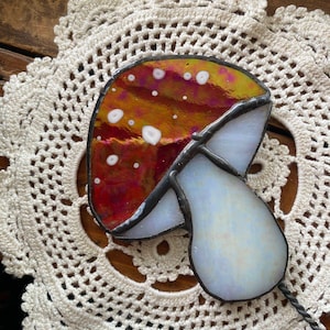Iridescent Mushroom Stained Glass Plant Stake | Cottagecore Decor | Indoor Plant Gifts (MADE TO ORDER)