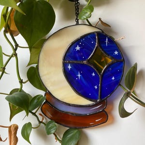 Made-to-order | Stained Glass Crystal Ball with Moon & Stars | Mystical Suncatcher | Celestial Witchy Window Decor