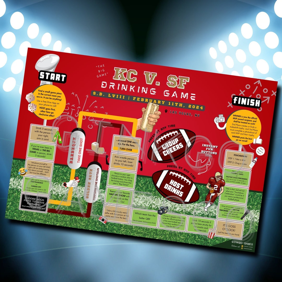 SUPER LVIII SUNDAY Drinking Board Game, Kansas City, San Francisco