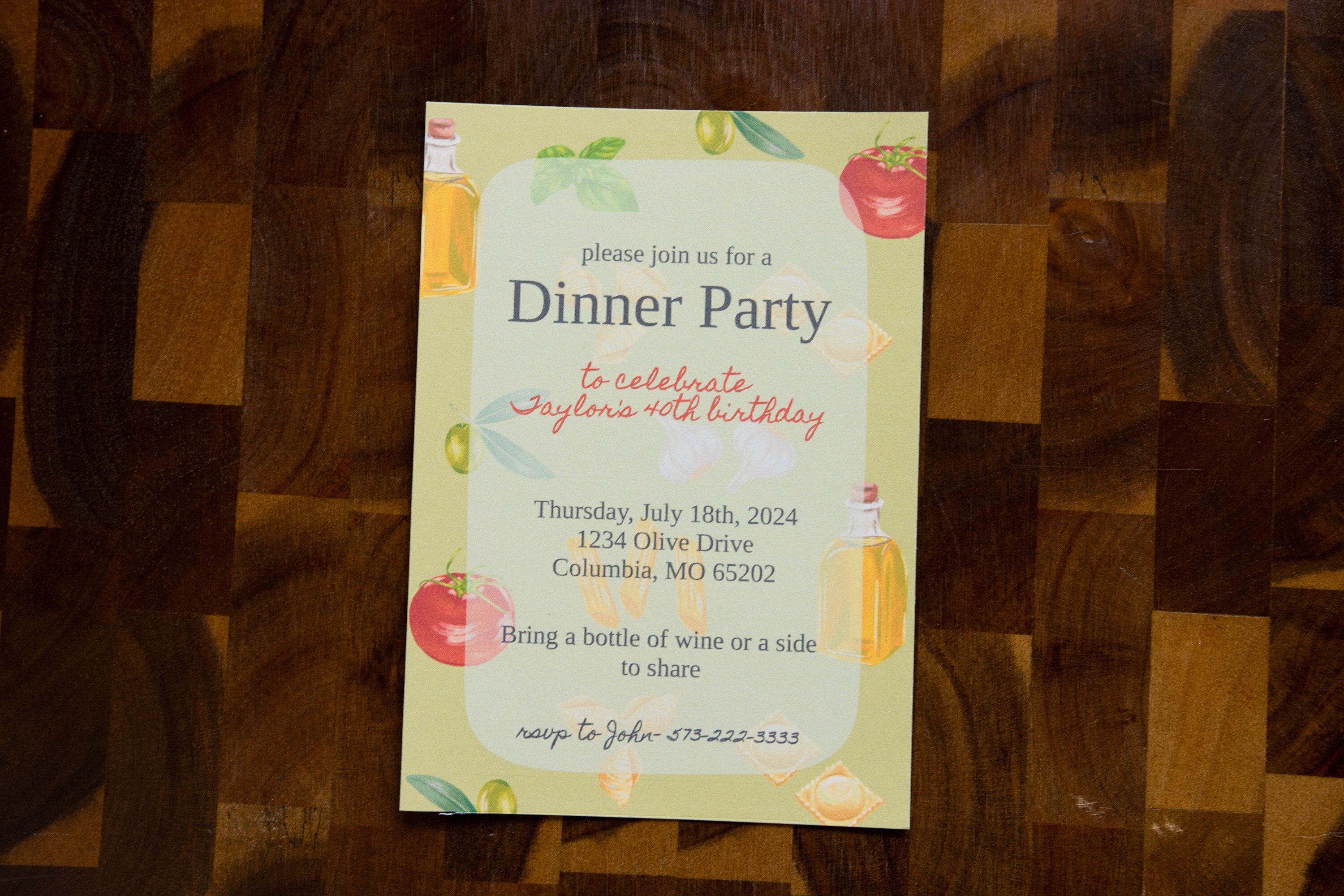Editable, Printable Dinner Invitation, Italian, Mediterranean, Pasta ...