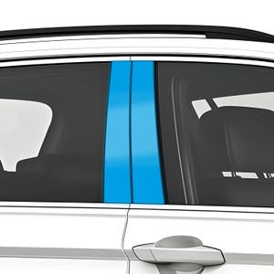 May include: A close-up of a white car door with bright blue vertical stripes. The car door handle is visible, along with the window and interior details. The stripes are a vibrant accent against the white exterior.