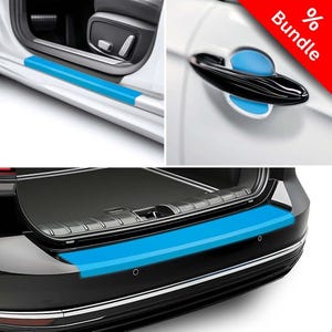 May include: A composite image showing car protection accessories. The image displays blue protective strips applied to a car door sill, door handle, and rear bumper. A red banner with the text "Bundle %" is in the top right corner.