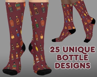 Bourbon Bottle Cushioned Crew Socks (v1 Burgundy), Bottle Icons, Whiskey Lover Gift, Groomsmen Present, Fathers Day, Birthday, Clever Design
