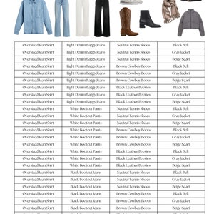 May include: A chart displaying various outfit combinations featuring a jean shirt. The chart includes a blue oversized jean shirt, light denim baggy jeans, white bootcut trousers, and black bootcut trousers. The chart also features different footwear options, including neutral tennis shoes, brown cowboy boots, and black leather booties. The chart also includes various accessories, including a black belt, grey jacket, and beige scarf.