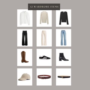May include: A collage of 12 wardrobe items, including a white button-down shirt, a beige sweater, a black long-sleeve shirt, black wide-leg jeans, beige wide-leg jeans, light blue straight-leg jeans, brown cowboy boots, black trainers, black ankle boots, a beige baseball cap, a brown leather belt with a gold buckle, and a brown leather belt with a gold buckle.