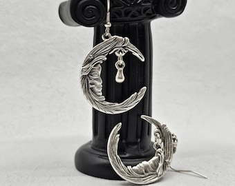 Art Nouveau-oorbellen hemelse maansikkel, gotische mystieke heksenhanger Dan