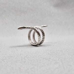 May include: A silver ring designed as a coiled snake. The snake's head is at the top, and the body wraps around the finger. The ring features a textured pattern on the snake's body.