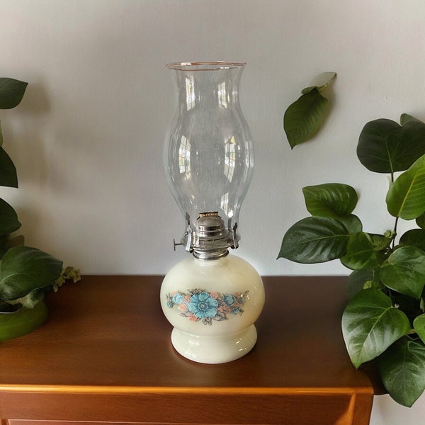 Vintage 1940s Antique Hurricane Oil Lamp by Lamplight Farms Victorian Hand Painted Blue Flowers