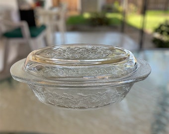 Princess House 1.5 Quart Oval Covered Casserole Dish Crystal Pressed Glass  Fantasia Pattern