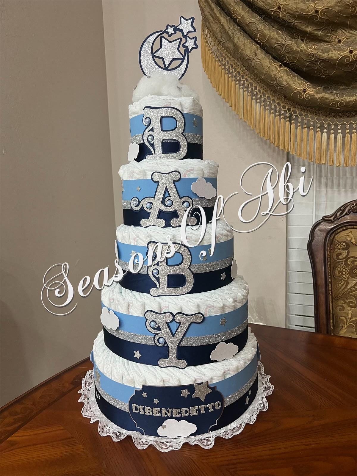 5 Tier Diaper Cake/ Navy Blue and Silver Boy Baby Shower Diaper Cake ...