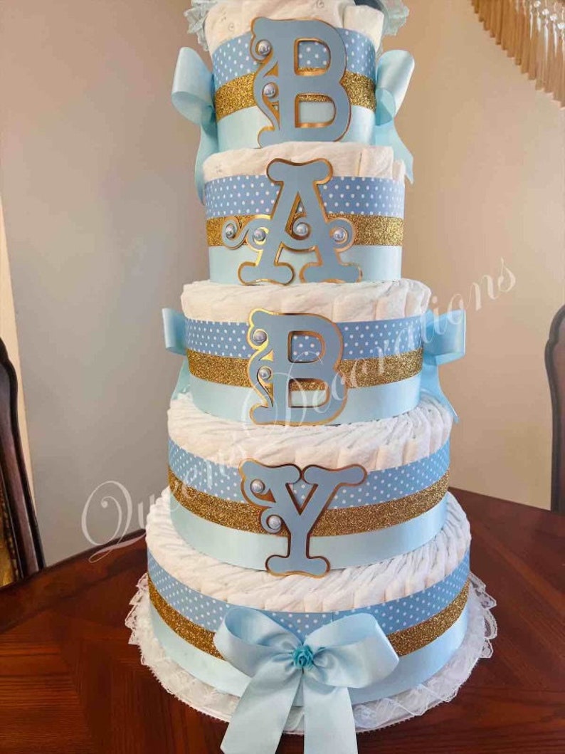 5 Tier Diaper Cake/ Baby Blue and Gold Boy Baby Shower Diaper Cake ...
