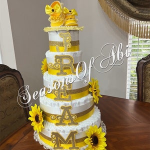 Sunflower Diaper Cake/ 5 Tier Diaper Cake/  Sunflower Baby Shower Centerpiece or Gift/ Diaper Cake/ Neutral Baby Shower/ Diaper Cake