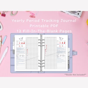 May include: A printable PDF journal for tracking your period. The journal has 12 pages with a grid for tracking your cycle, a section for notes, and a narwhal illustration. The text "Yearly Period Tracking Journal Printable PDF 12 Fill-In-The-Blank Pages" is at the top of the image. The text "Binder Not Included" is at the bottom of the image.