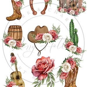 9 imagens pacote tema ocidental cowgirl floral coquete feminino png rosa guitarra de madeira ferradura rosa vermelho marrom subliminar na moda suave