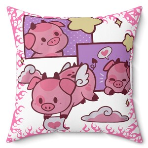 May include: A pink pig with wings and a devil tail flies through the air with a heart-shaped cloud below. The pig is surrounded by pink clouds and stars. The background is a white square with a pink border.