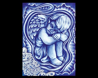 Original Chicano Art Sticker Angel Fallen Angel Tattoo Art Drawing Los Angeles California Mexican Artist Uzi