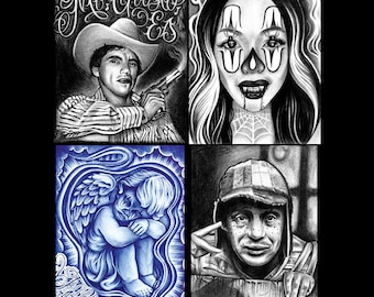 Original Chicano Art Sticker Pack Of 4, Chalino Sanchez, El Chavo Del Ocho, SpiderEyes, Fallen Angel, Los Angeles California Artist Uzi