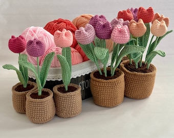 Colorful Hand Crocheted Tulip Flowers in a Pot - Spring Home Decor, Ready for Gifting Unique Gift Idea