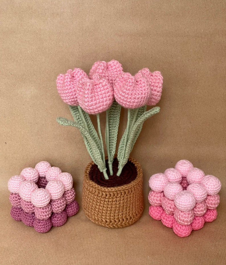 Ramo de tulipanes de ganchillo hecho a mano en maceta de ganchillo Conjunto de tulipanes de ganchillo, regalo de tulipanes listo para regalar light pink