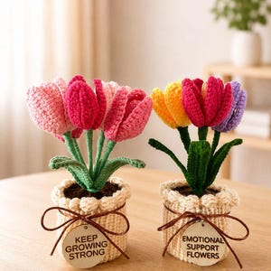 Może przedstawiać: Dwie szydełkowane kompozycje tulipan&oacute;w w beżowych doniczkach. Lewa doniczka ma drewnianą zawieszkę z napisem KEEP GROWING STRONG. Prawa ma napis EMOTIONAL SUPPORT FLOWERS. Tulipany są r&oacute;żowe, ż&oacute;łte i fioletowe z zielonymi łodygami oraz liśćmi.
