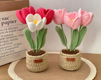 Colorful Handmade Crochet Tulips in Pot - Emotional Support Flowers - Unique Gift for Grandma, Mother, Friend - Ready-to-Gift