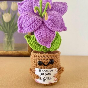 May include: A crocheted purple lily flower with green leaves in a brown pot. The pot has two black bead eyes and a small sign held by two arms that reads, "Because of you I grew," with a floral border. The flower has yellow stamens in the center.