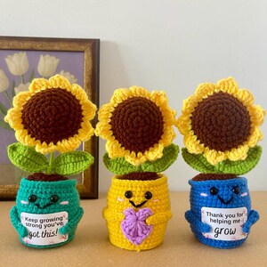 May include: Three crocheted sunflower plants in colorful pots. The teal pot says "Keep growing strong you've got this!", the yellow pot holds a purple heart, and the blue pot says "Thank you for helping me grow". Each has black eyes and pink cheeks.