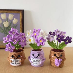 May include: Three crocheted potted plants with smiling faces and black bead eyes. The left pot is tan with text reading A little plant for a big thank you. The centre pot is light purple with text reading Thank you for helping me grow.