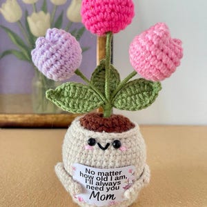 May include: A crocheted potted plant featuring three flowers in shades of hot pink, light pink, and lavender with green leaves. The beige pot has a smiling face and holds a white sign that reads, No matter how old I am, I'll always need you Mom.