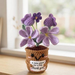 May include: A crocheted potted plant with purple flowers and green stems in a brown textured pot. The pot features a smiling face with black eyes and pink cheeks, holding a white sign that reads, A little plant for a big thank you.