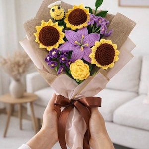 Crochet Bouquet – Handmade Forever Flower Arrangement – Elegant Gift for Mom Sunflowers + Purples