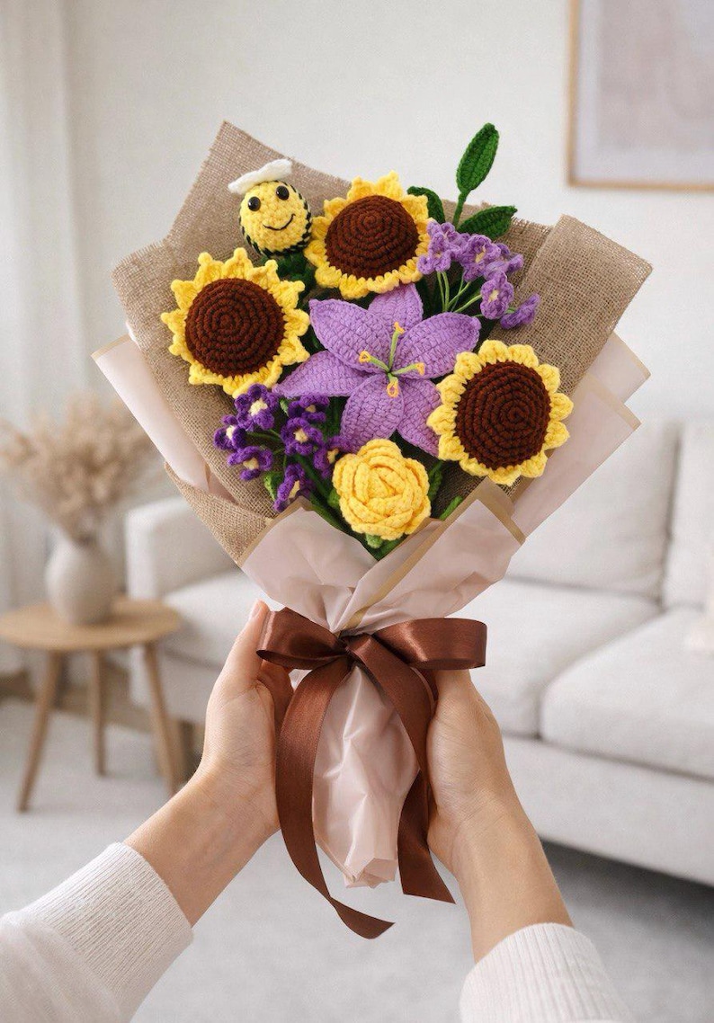 Crochet Bouquet – Handmade Forever Flower Arrangement – Elegant Gift for Mom Sunflowers + Purples