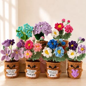 Könnte beinhalten: Vier gehäkelte Topfpflanzen mit lächelnden Gesichtern und kleinen Armen. Jeder braune Topf hat ein weißes Etikett mit dem Text: A little plant for a big thank you oder Thank you for helping me grow. Die Pflanzen haben bunte Blüten in Blau, Rosa, Lila und Weiß.