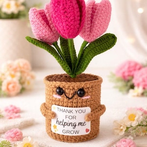 Op de afbeelding: Een gehaakte bruine pot met een lachend gezicht, met roze en fuchsia tulpen met groene bladeren. De pot heeft een bordje met de tekst "Thank you for helping me grow".