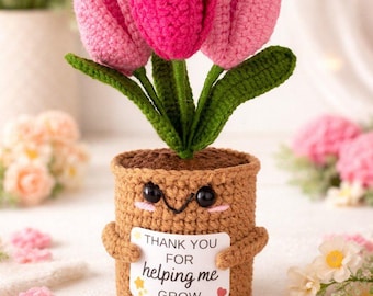 Personalisierter gehäkelter Blumentopf als Geschenk für Kollegen, als Dankeschön zum Abschied, als Erinnerungsstück zum Jobwechsel oder Ruhestand, mit individueller Botschaft als Dekoration