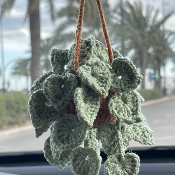 Planta de ganchillo en maceta colgante para la decoración del coche - Decoración de coche hecha a mano Linda planta de ganchillo para el interior del coche Accesorios de coche de ganchillo