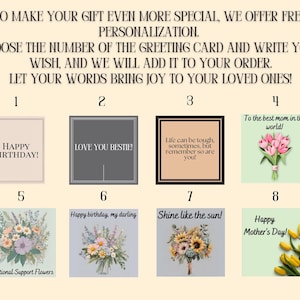 May include: Image featuring eight greeting card options with various designs and messages. The cards include phrases like "Happy Birthday!", "Love You Bestie!", and "Happy Mother's Day!" along with floral illustrations. The text encourages personalization.