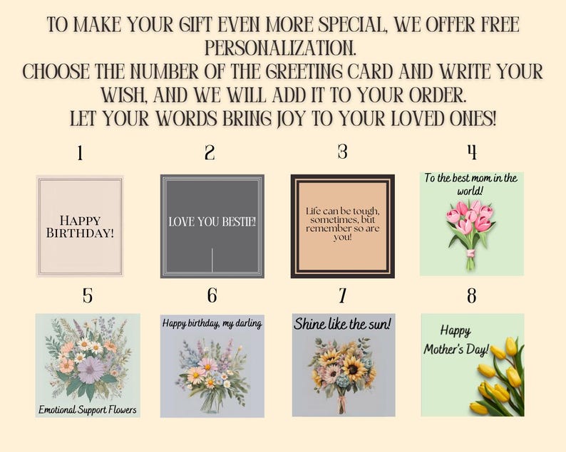 May include: Image featuring eight greeting card options with various designs and messages. The cards include phrases like "Happy Birthday!", "Love You Bestie!", and "Happy Mother's Day!" along with floral illustrations. The text encourages personalization.