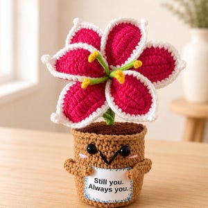 May include: A crocheted potted flower with vibrant magenta petals outlined in white, featuring yellow stamens. The brown crocheted pot has a smiling face, small arms, and a white sign that reads Still you. Always you. in black text.
