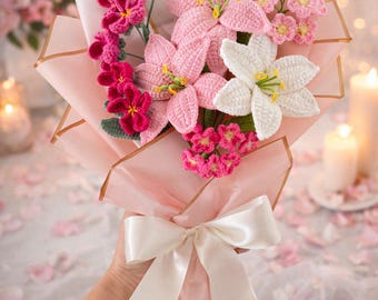 Handmade Crochet Flower Bouquet – Pink Lilies & White Lily, Romantic Anniversary Gift, Forever Floral Arrangement