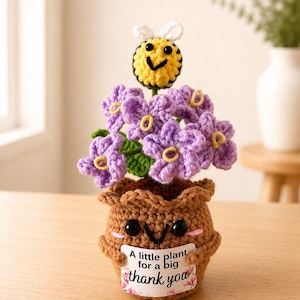 May include: A crocheted brown pot with a smiling face holding a sign that reads A little plant for a big thank you. The pot contains purple flowers with yellow centres, green leaves, and a small yellow and black bee with white wings on top.