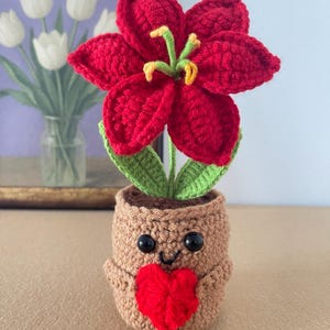 May include: A crocheted red lily flower with green leaves planted in a tan, cylindrical crocheted pot. The pot features two black plastic eyes, a stitched black smile, and a small red crocheted heart attached to the front center.