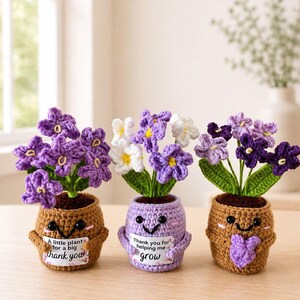 May include: Three crocheted potted plants with smiling faces. The left pot is brown with text reading A little plant for a big thank you. The center pot is light purple with text reading Thank you for helping me grow. The right pot is brown with a heart.