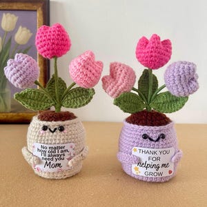 May include: Two handmade crochet flower pots with smiling faces. One pot is beige with a sign that reads "No matter how old I am, I'll always need you Mom." The other pot is purple with a sign that reads "THANK YOU FOR helping me GROW."